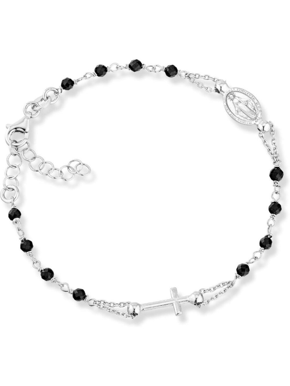 Adjustable 925 Sterling Silver Rosary Cross Charm Bracelet with Black Spinel